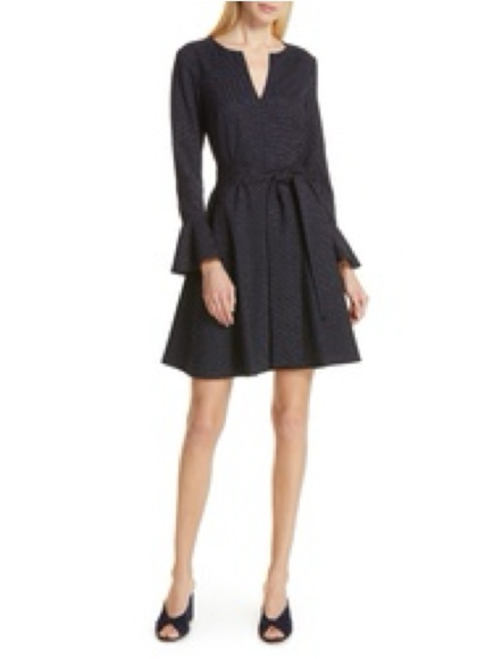 NWT Club Monaco Kasca Navy Pin Dot Wool Blend V-Neck Belted Dress Size 10